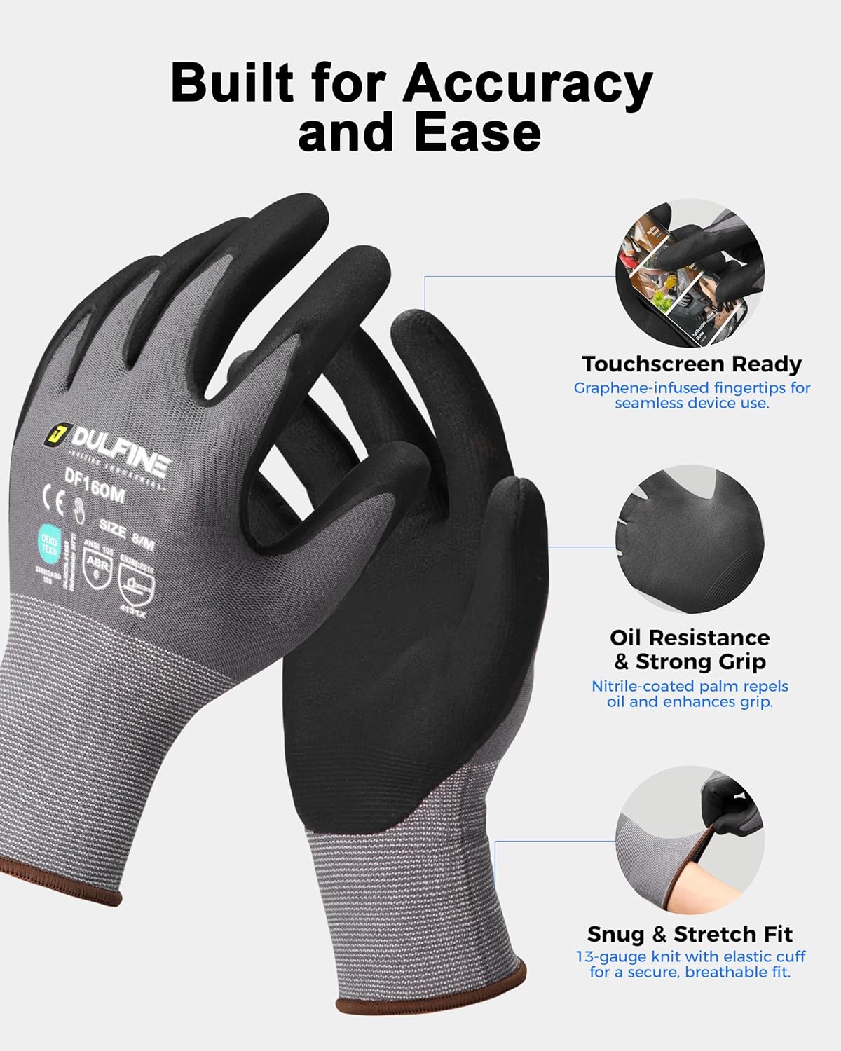 Safety Work Gloves for Men & Women, MicroFoam Nitrile Coated Nylon Black Grip for General Purpose, 3/6/12/36 Pairs