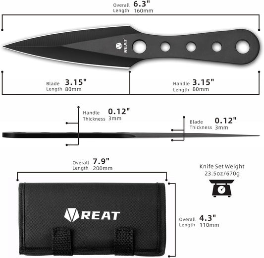 REAT Throwing Knives - 12 Piece, 6.5" 440 Stainless Steel with Full Tang Design, Includes Nylon Carrying Case for Safe Storage,Ninja Kunai Knives for Competition,Training,Recreation,Gifts for Men,Women