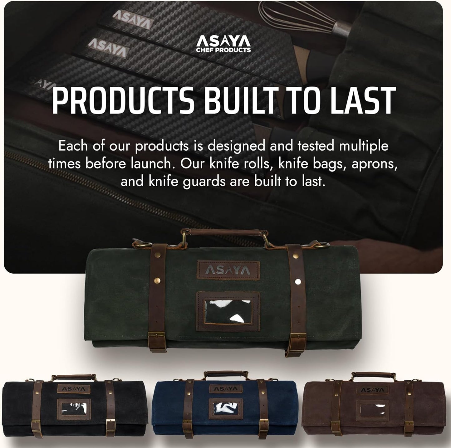 Asaya Waxed Canvas Knife Roll Bag - 15-Slot Chef Knife Bag with Leather Straps, Large Zippered Pocket and Card Holder - Carrying Case for Chefs and Culinary Students – Knives Not Included (Green)