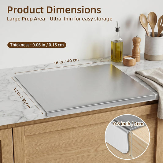 Stainless Steel Cutting Board with Lip, 16 x 12 Inches Kitchen Chopping Board for Countertop, Double-Sided Food-Grade Metal Cutting Board, L-Shaped Edge Chopping Mat for Kitchen Prep & Baking
