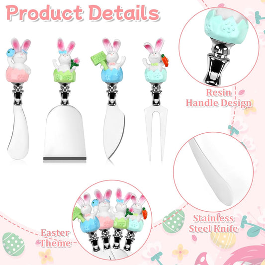 4 Pcs Easter Cheese Knives Set, Resin Handle with Stainless Steel Blade Spreader for Cheese Cream Jam Butter Charcuterie Board Tools