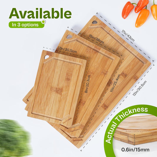 Bamboo Cutting Board Set of 3 for Kitchen, Reversible Carbonized Bamboo Cutting Boards with Juice Groove & Hidden Handles, 3 Sizes for Meal Prep, Chopping, Serving & Everyday Cooking