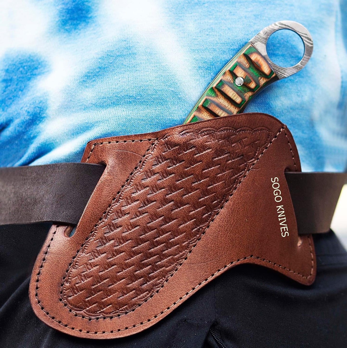 Leather Knife Sheath For Belt, Slanted Pancake Sheath, Tooled Leather Sheath, Beautiful Cow Boy Bull Cutter Knife Cover 100% Real Cross Draw sheath (BROWN)