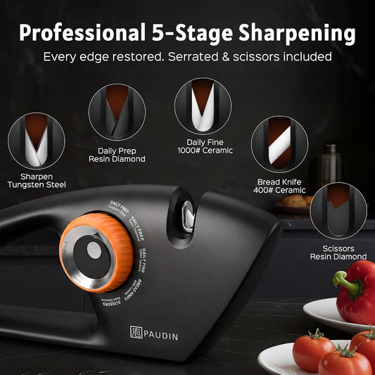 Precision 5-Stage Knife Sharpener, Fathers Day Dad Gifts, Manual Sharpening for Kitchen Knives & Scissors, Straight & Serrated Blades, Non-Slip Base, Ergonomic Handle, Safe for Home Use