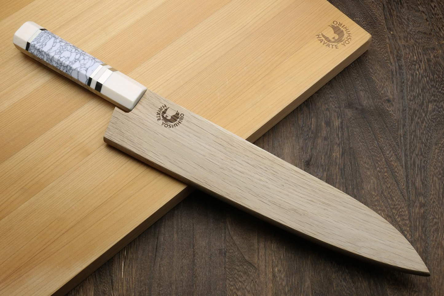 Yoshihiro Super Blue Steel Stainless Clad Hammered Gyuto Chefs Knife Howlite White Handle (8.25"(210mm) & Saya)
