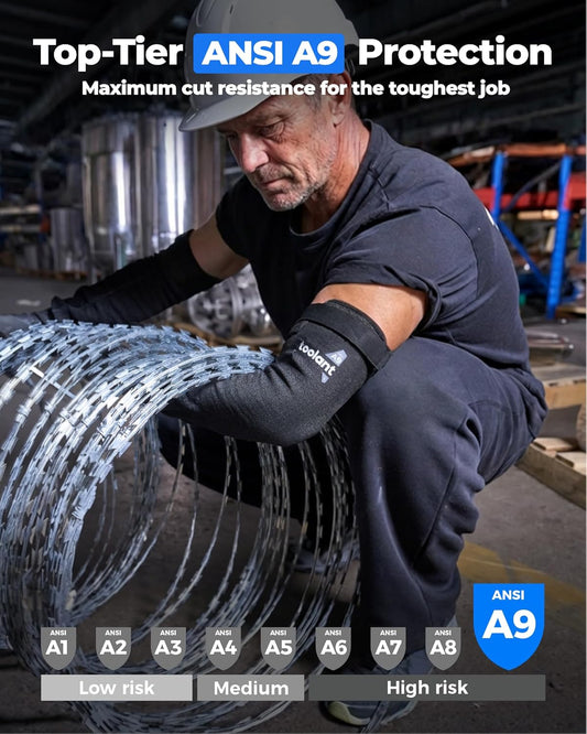 ANSI A9 Cut Resistant Arm Sleeves, Arm Guards for High Risk Work | HPPE steel wire A9 max cut resistant,fiberglass-free,allergy-friendly,breathable 15G knit,adjustable cuff for high-risk work