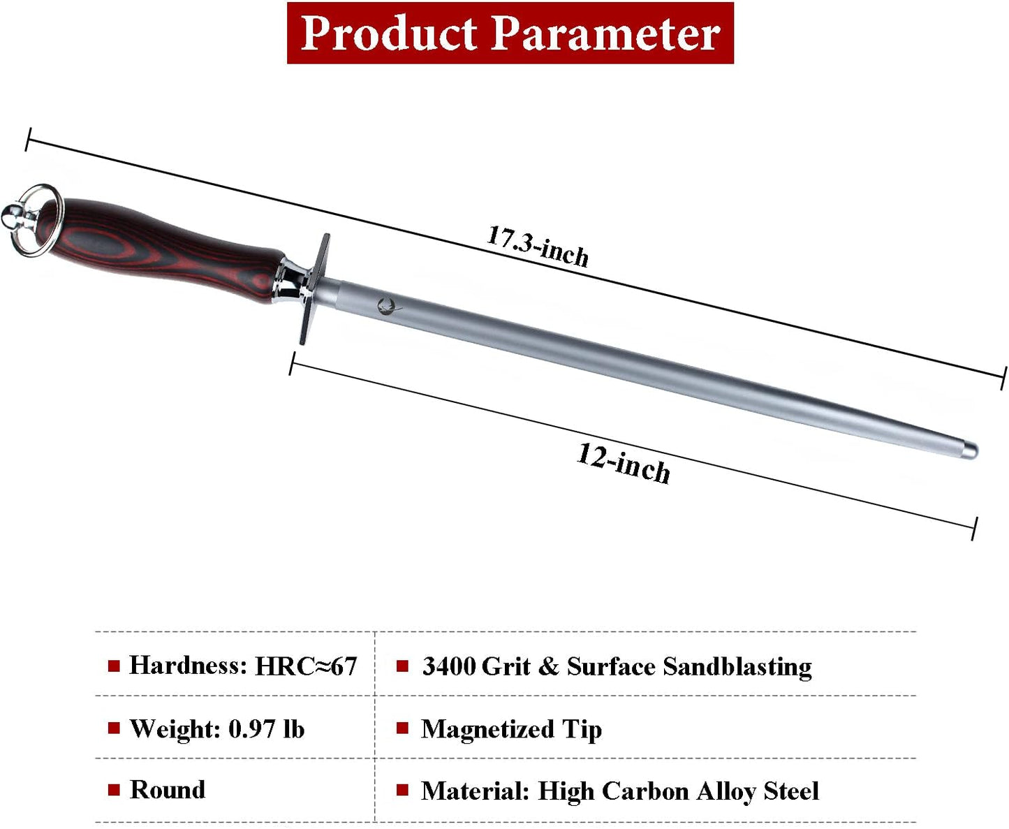 Honing Steel Knife Sharpener Steel Flat 12 IN Rod for Kitchen Knife | Solid Wood Handle Carbon Steel Magnetized Super Fine Honing Rod with Gift Box