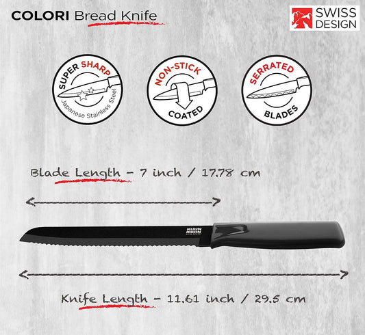COLORI Non-Stick Bread Knife with Safety Sheath, 7 inch/17.78 cm Blade, Black