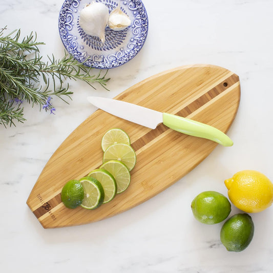 Lil Surfer Small Surfboard Cutting Board, 14.5 x 6 in | Small surfboard-shaped serving board brings beach vibes to charcuterie and snacks. Hang tie for easy wall display.