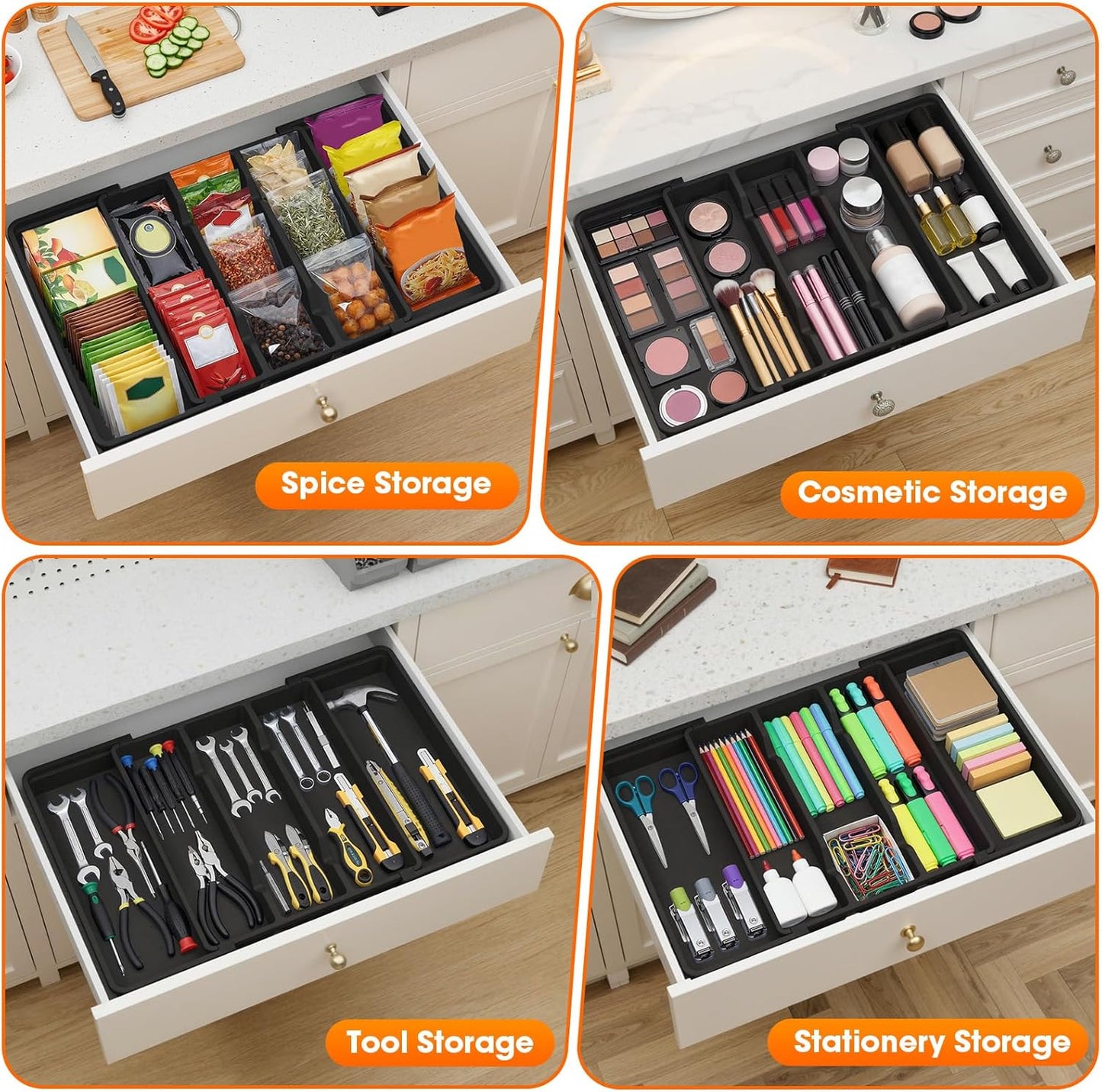 Large Expandable Silverware Drawer Organizer, Utensil Tray | Kitchen Drawer Organizer for Spoons/Forks/Knives, Multipurpose & BPA Free Cutlery Tray (1 Pack, Black)