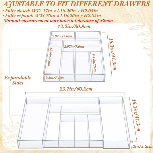 1 Pack Expandable Kitchen Drawer Organizer Clear Acrylic Utensil Organizer Adjustable Acrylic Silverware Storage for Drawers Silverware Flatware Knives (12 x 16 Inches,6-8 Compartments)