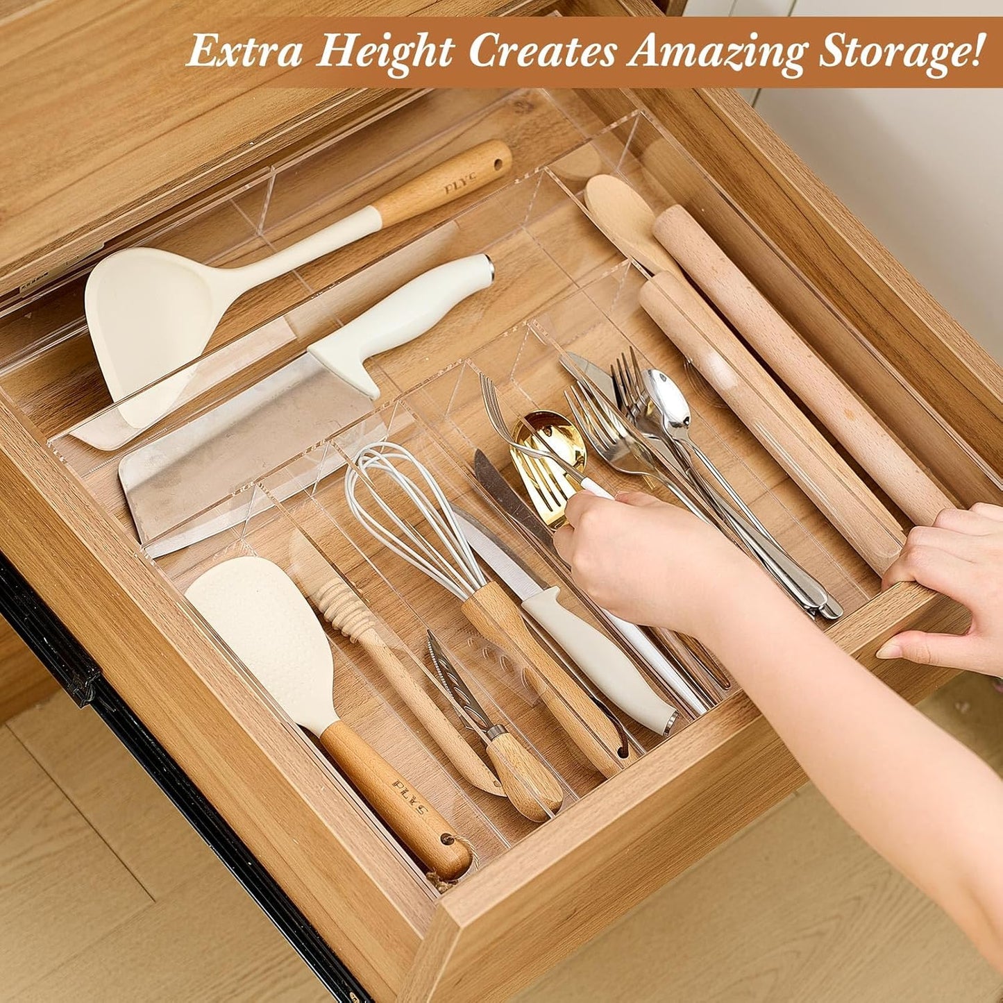 1 Pack Expandable Kitchen Drawer Organizer Clear Acrylic Utensil Organizer Adjustable Acrylic Silverware Storage for Drawers Silverware Flatware Knives (12 x 16 Inches,6-8 Compartments)