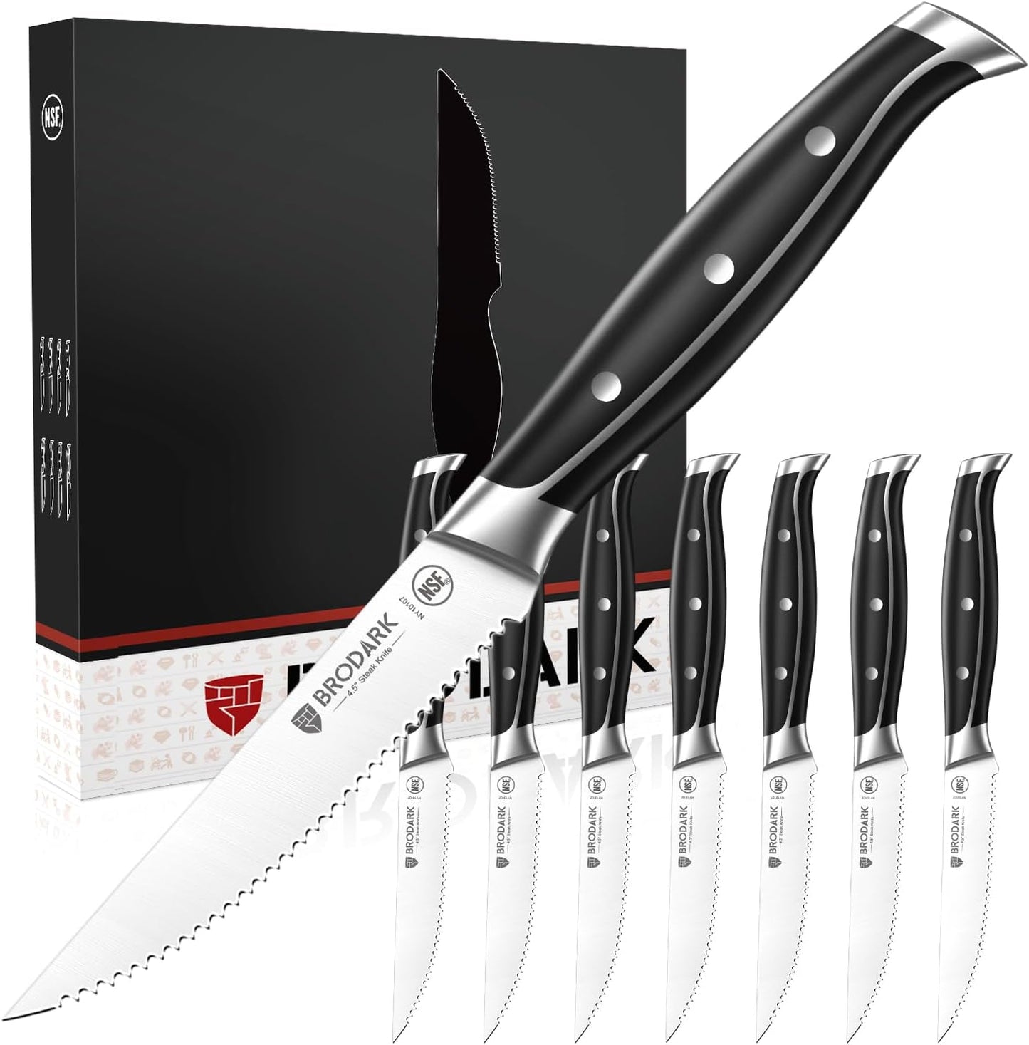 Steak Knives Set of 6: 4.5 Inch Serrated Steak Knives with Full Tang Handle - High Carbon Stainless Steel Steak Knife Set - NSF Certified, Steel-King Series