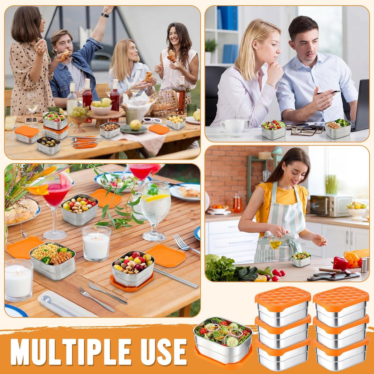 36 Pcs Stainless Steel Containers with Silicone Lids 14 oz Reusable Food Snack Containers Easy Open Lunch Box Include Chopsticks Knife Fork Spoon with Case for Travel Meal Prep Food Storage