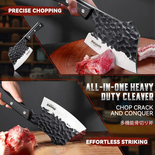 Huusk Meat Cleaver Knife Heavy Duty Bone Chopper, Hand Forged Kitchen Axe | Sheath Included, Full Tang Bone Chopping Knife, Japanese Butcher Knife for Meat Cutting, Fathers Day Gift Idea for Men Dad