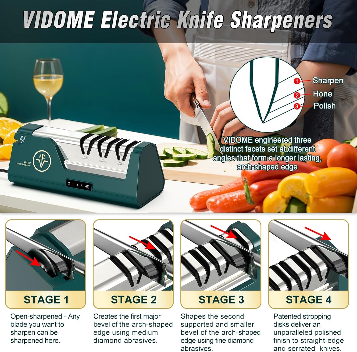 Professional Electric Knife Sharpener | 3-Speed Variable 4-Stage, Open Touch-Screen, 100% Diamond Abrasives, Precision Angle Guides