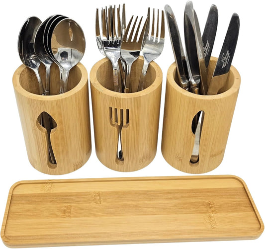 Bamboo Cutlery Holder Set - 3 Kitchen Utensils Holder Organiser with Bamboo Tray | Decorative Kitchen Countertop Stand | Knife, Fork and Spoon Holders