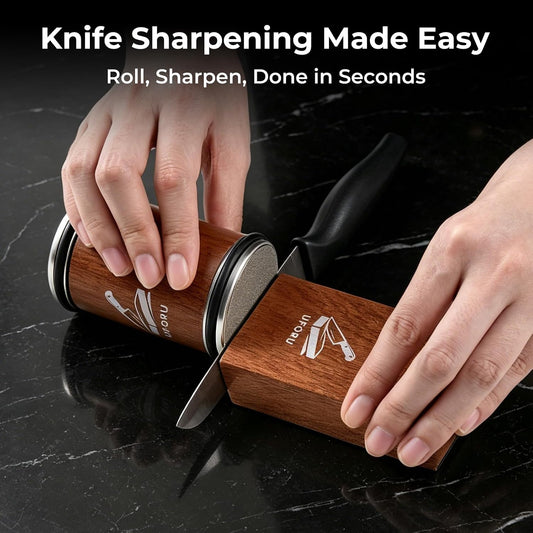 Rolling Knife Sharpener Kit,15ยฐ & 20ยฐ Magnetic Guide,Diamond Discs | Wooden Sharpening System with Leather Strop for Chef and Kitchen Knives,Helps Restore and Polish Straight Blade Edges