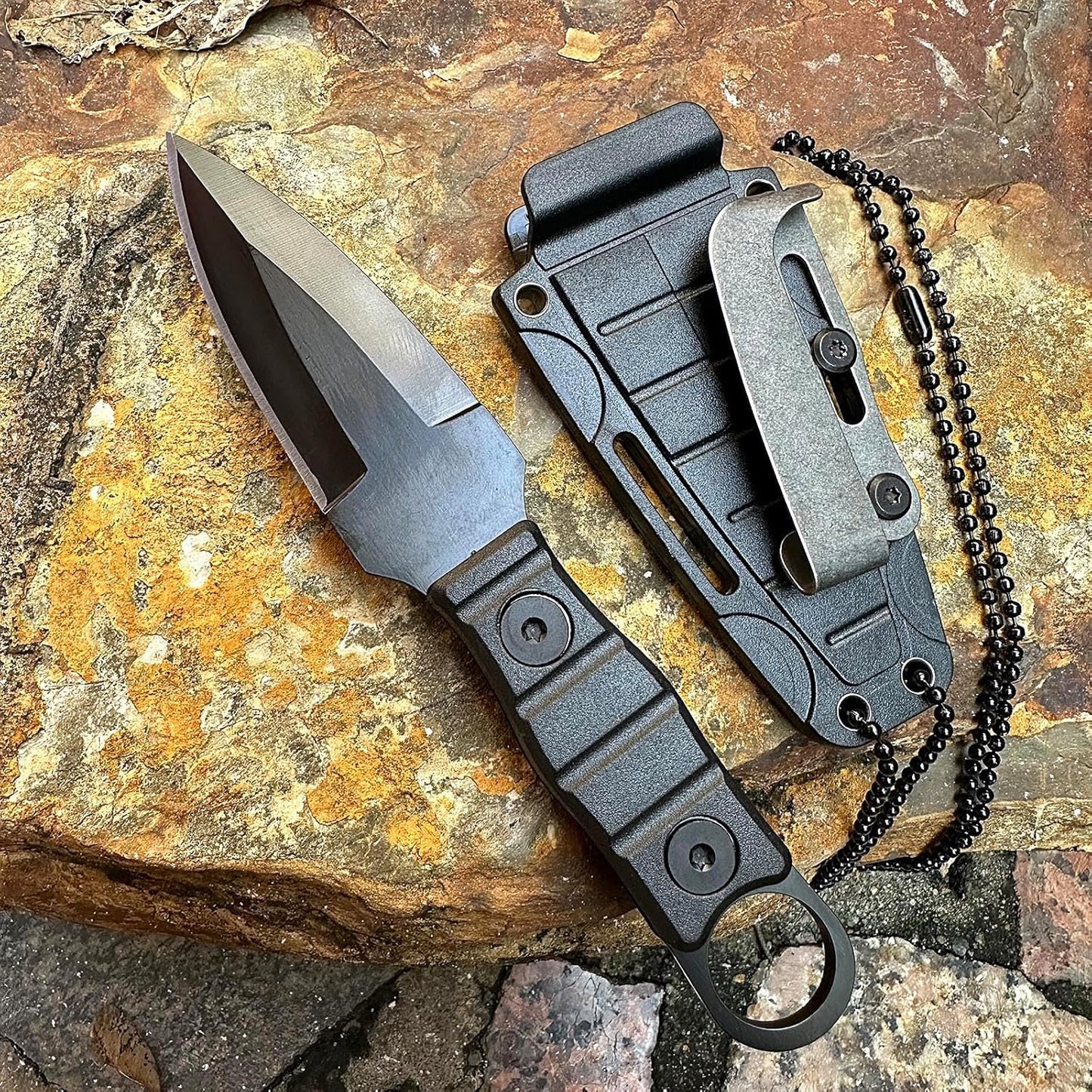 Fixed Blade Knife, Full Tang w/Kydex Sheath, Belt Clip and Necklace easy Carry, Good for Camping Hiking Knife, Fishing Hunting edc MIN Knife Black