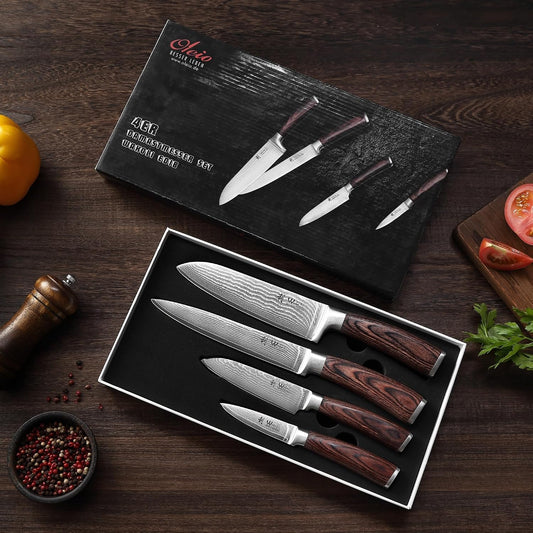 EDIB 4-Piece Damascus Knife Set – Professional Kitchen Knife Set, 67-Layer Genuine Damascus Steel, High Carbon Stainless Steel Core (VG10), Ergonomic Pakkawood Handles, In Elegant Gift Box