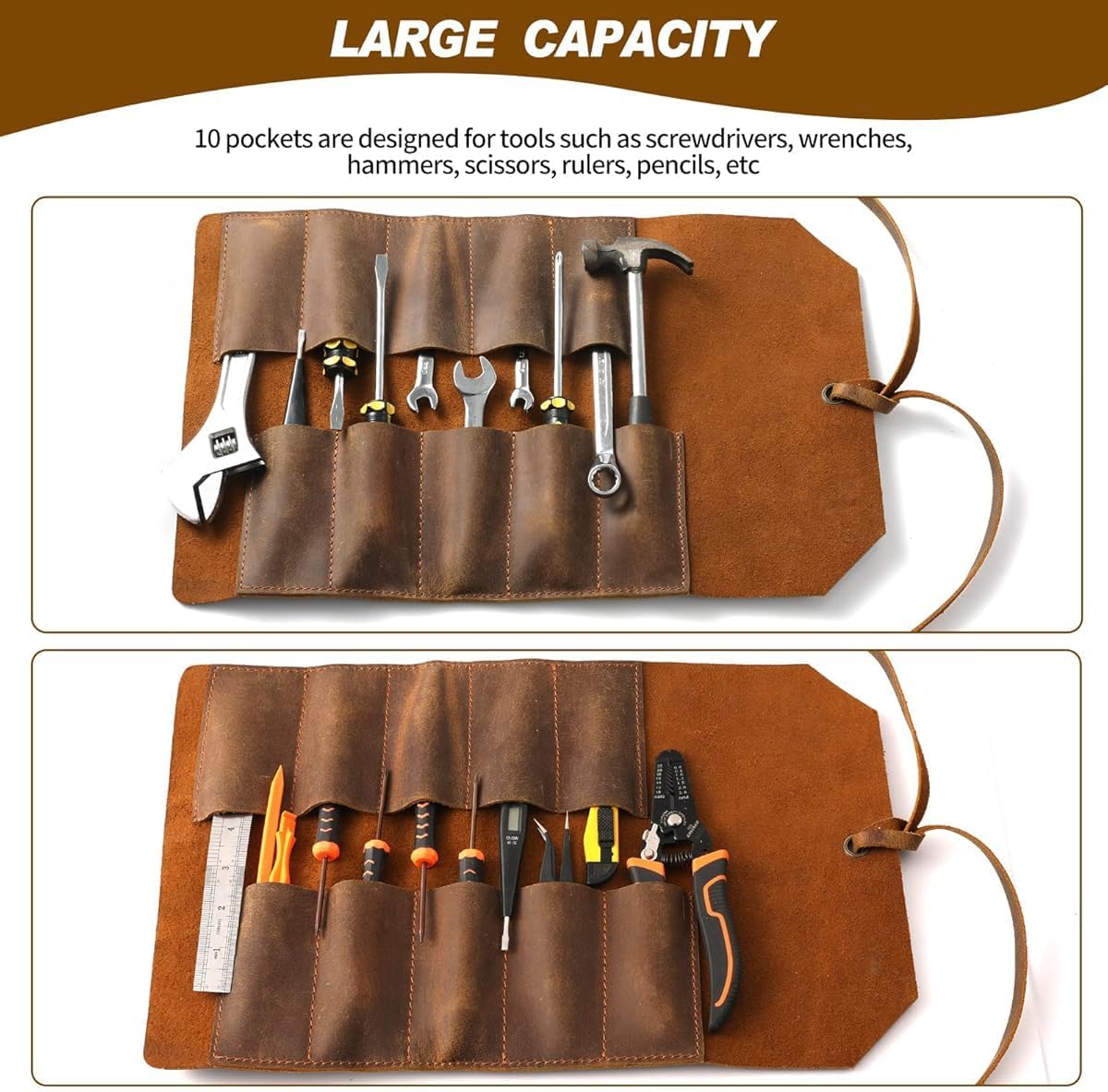 Leather Tool Roll Pouch 10 Slots - Tool Portable Carry On Pouch, Workshop Storage, Woodworking Tools Organizer Full Grain Leather