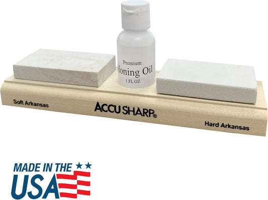 AccuSharp Arkansas 2 Whetstone Knife Sharpening Stones Set, 3" Fine & Medium Natural Whetstone w/ 1oz Honing Solution for Traditional, Coarse & Fine Sharpening