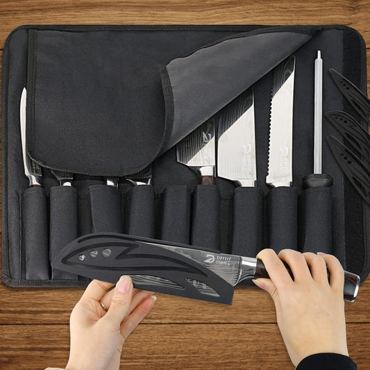 Chef Knife Sets with Roll Bag, 9 Pieces Professional Knife Set, High Carbon Stainless Steel Kitchen Chef Knife Set, Red Pakkawood Handle, Dishwasher Safe