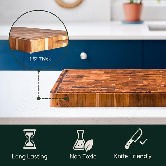 Extra Large (XL) Teak End Grain Cutting Board, Reversible, Knife-Friendly Charcuterie Butcher Block with Juice Groove & Handles, Non-Toxic, Gift Box Included (24" x 18" x 1.5")