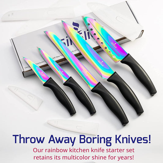 Kitchen Knife Set Kit, 5 Dishwasher Safe Colorful Knives, Knife Sharpener & Magnetic Wall Bar, Titanium Non Stick Plating Stainless Steel