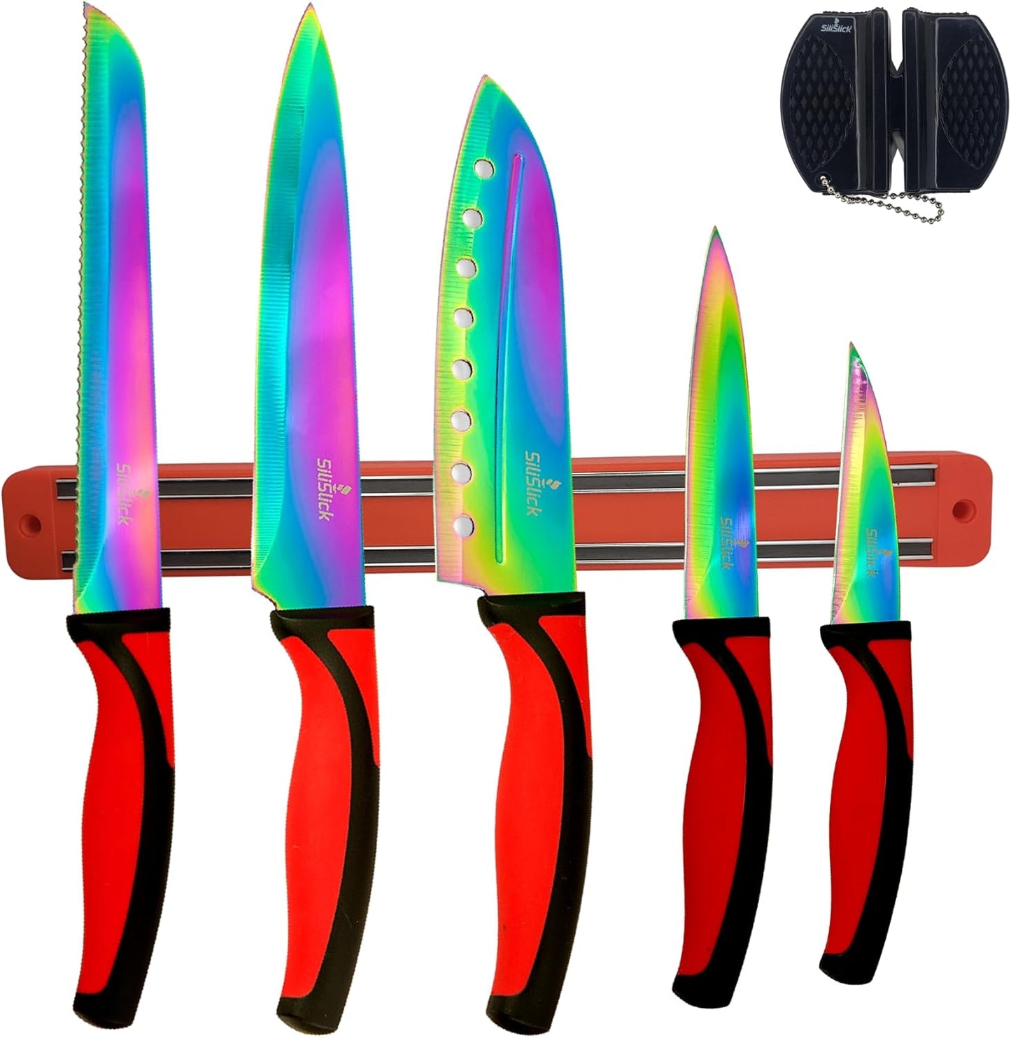 Kitchen Knife Set Kit, 5 Dishwasher Safe Colorful Knives, Knife Sharpener & Magnetic Wall Bar, Titanium Non Stick Plating Stainless Steel
