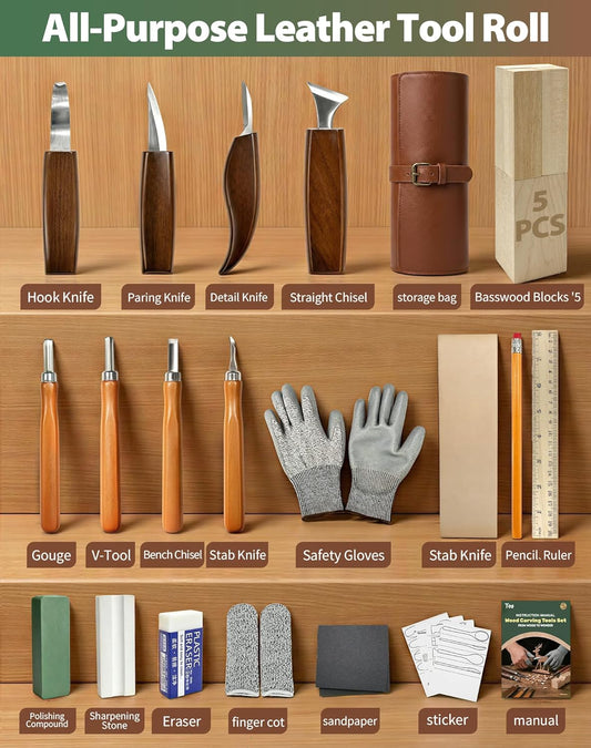 28Pcs Wood Carving Kit, 8 Carving Knives Templates Leather Bag Gift