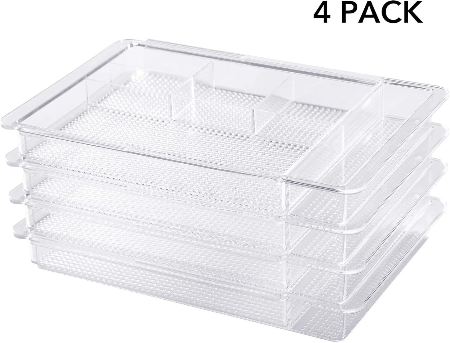 Expandable Drawer Organizer 11.1” to 19.2” Width, Shallow Cosmetic Organizer 1.3” Height, 2 Packs, Clear Plastic Storage Trays for Dressing Table,Bathroom