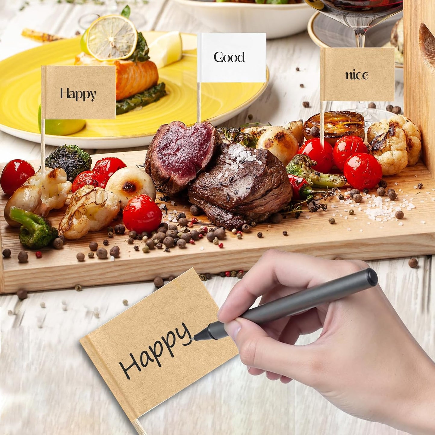 Charcuterie Boards Accessories Set 68-Piece includes wooden-handled cheese knife set, silver cheese spreader butter knife set, mini tongs spoons forks honey dipper napkins and cocktail picks.
