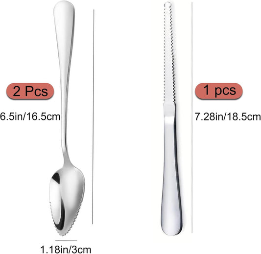 AMZLYSDOK Silver Kitchen Tool, Grapefruit Spoon & Knife Set, Stainless Steel Grapefruit Spoon Utensil with Serrated Edge, Multi-Use for Citrus, Kiwi, Dessert, Avocado & More (3 Pieces)