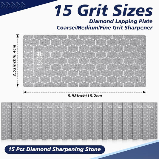15 Pcs Diamond Sharpening Stone, Diamond Lapping Plate with Extra Fine/medium/coarse Plate and Non-slip Base 80/120/150/180/200/240/320/400/600/800/1000/1200/1500/2000/3000 Grit