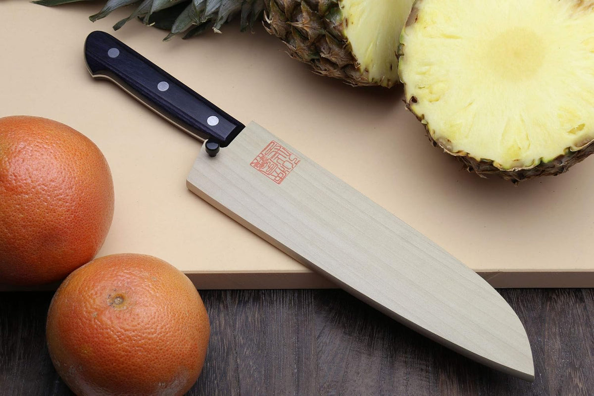 Yoshihiro Stainless Clad Nashiji Ginsan High Carbon Stain Resistant Steel Santoku Multipurpose Knife (7'' (180mm) & Saya)