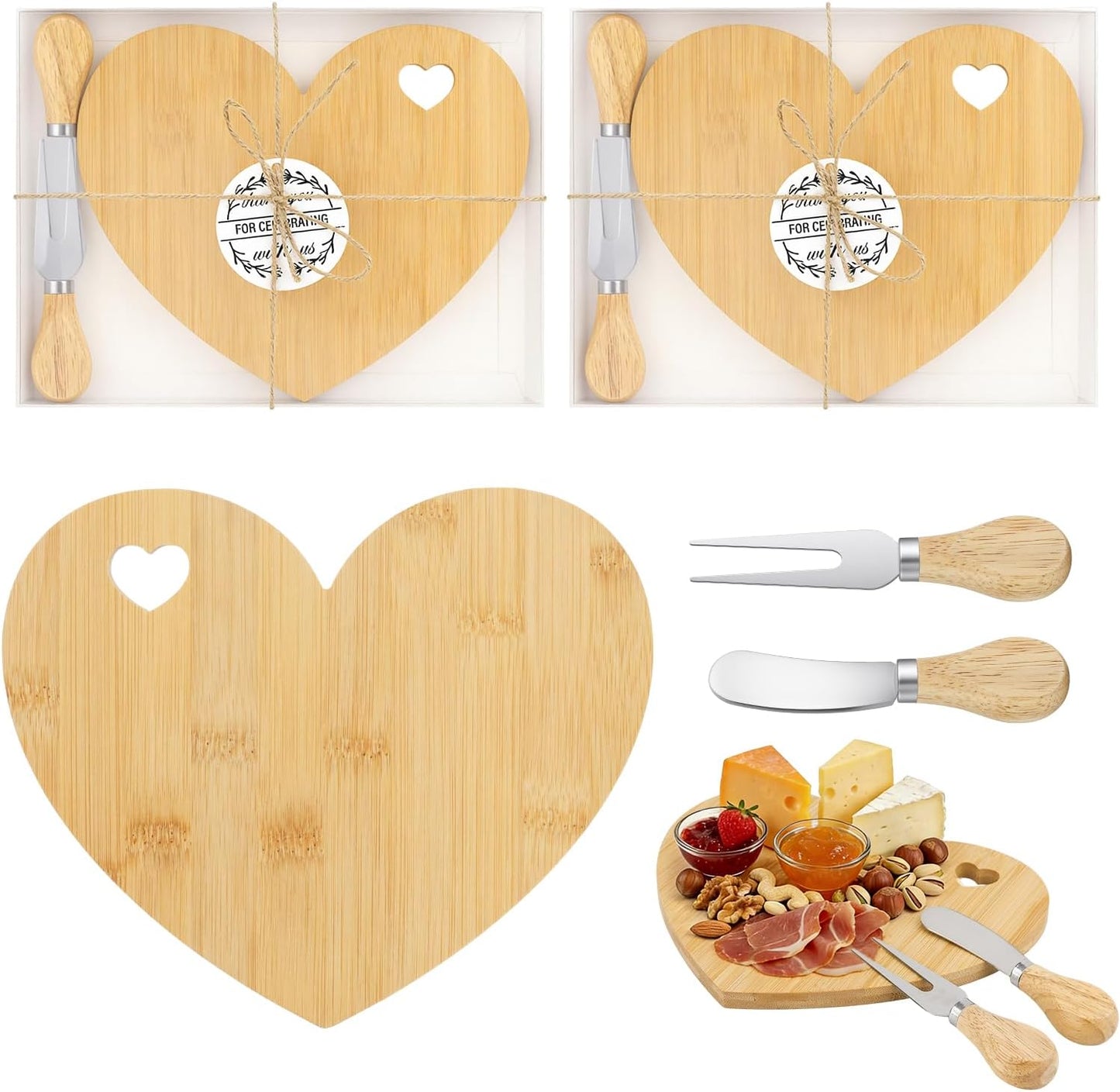 4 Set Bridal Baby Shower Favor, Heart Shape Charcuterie Board, Small Cheese Board with Knife and Fork, Small Bamboo Heart Cutting Board for Guest Bridal Baby Shower Prize Wedding Birthday Valentines