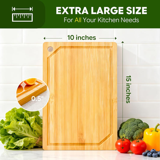 Bamboo Cutting Boards, Durable Cutting Boards for Kitchen with Deep Juice Grooves and Handles, Chopping Boardfor Meat, Vegetables and Fruits, 15"x10",Natural