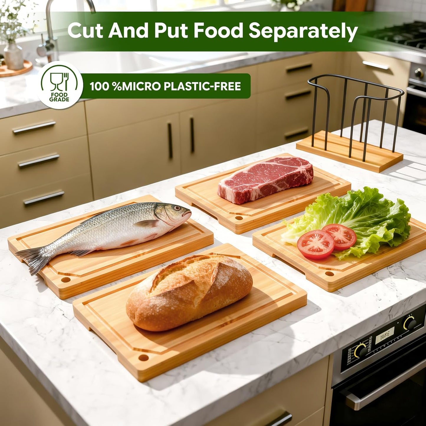 Bamboo Cutting Boards, Durable Cutting Boards for Kitchen with Deep Juice Grooves and Handles, Chopping Boardfor Meat, Vegetables and Fruits, 15"x10",Natural