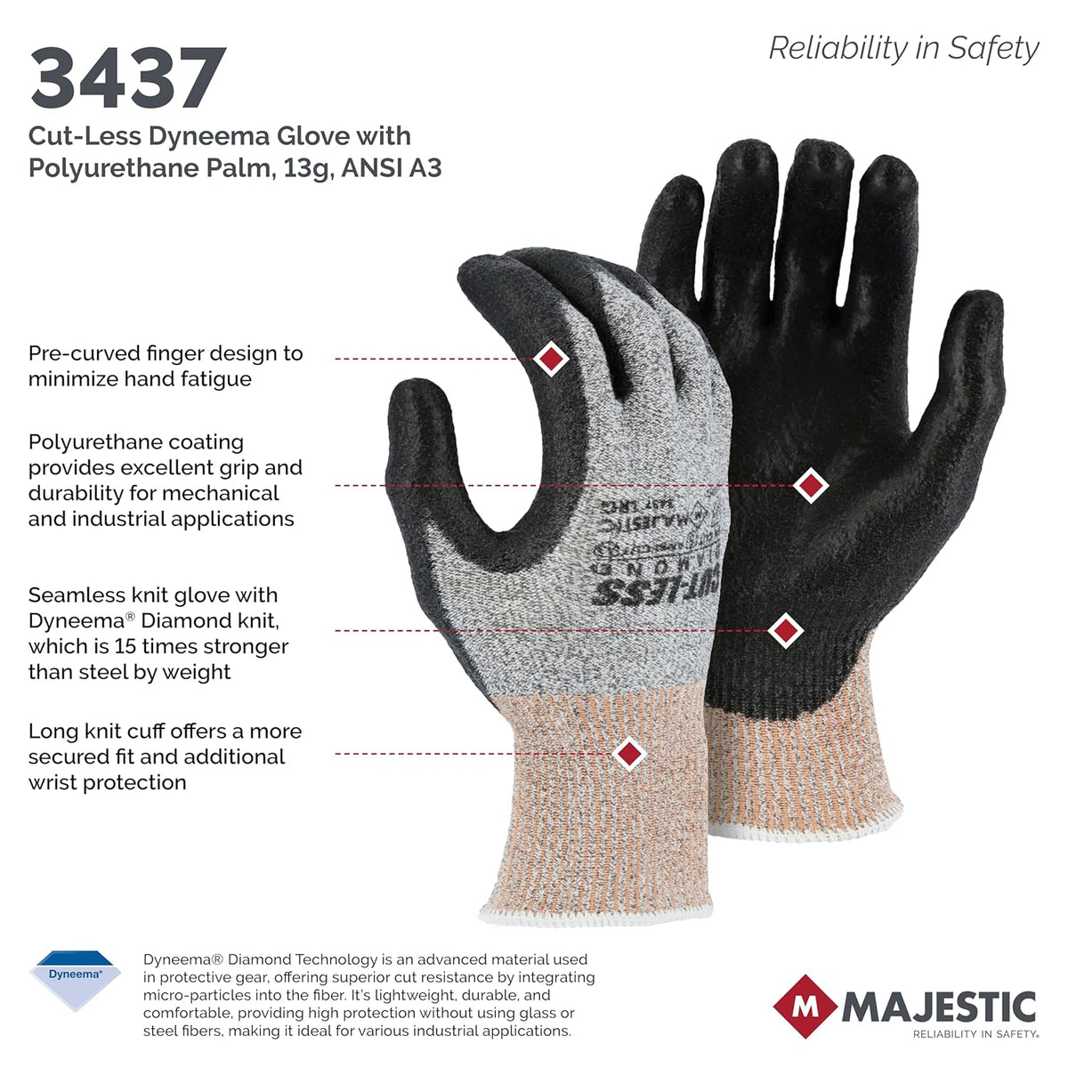 Cut-Less Dyneema Glove with Polyurethane Palm | 1 Pair - XL | 13 Gauge Liner, Pre-Curved Finger, Lightweight, Breathable, Gray/Black | for Automotive, Industrial, Manufacturing | 3437