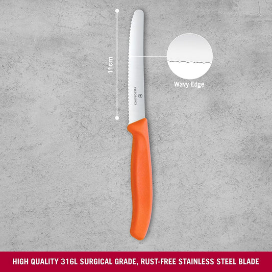 Swiss Classic 4 in Serrated Round Tip Tomato & Table Knife | Sharp wavy edge stainless steel blade with a durable, dishwasher safe polypropylene handle for precise vegetable slicing