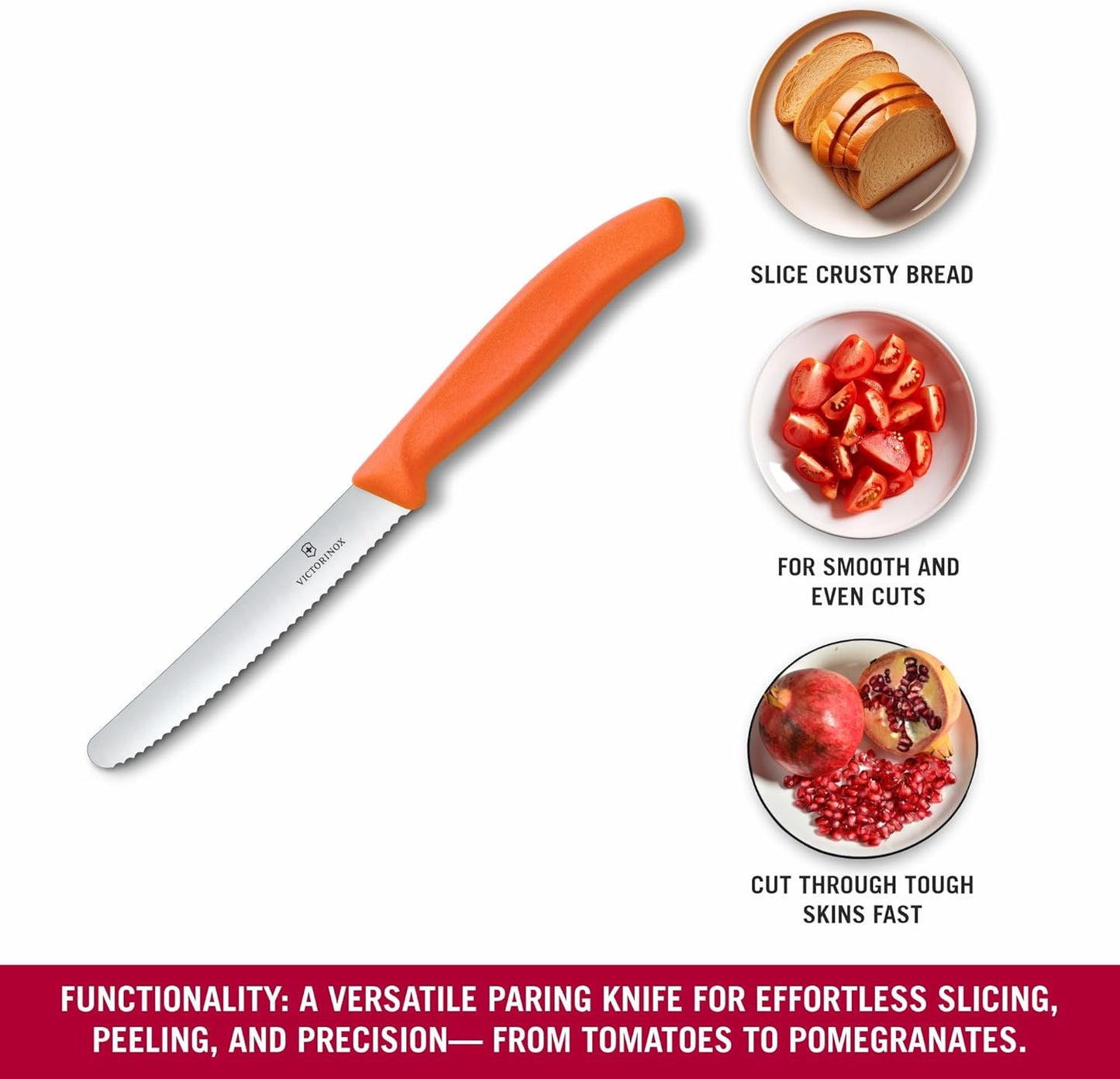 Swiss Classic 4 in Serrated Round Tip Tomato & Table Knife | Sharp wavy edge stainless steel blade with a durable, dishwasher safe polypropylene handle for precise vegetable slicing