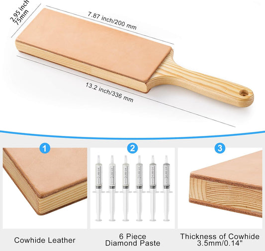 Oversize Double Sided Leather Strop for Knife Sharpening with 6 Diamond Polishing Compounds - Cowhide Stropping Kit with Stropping Compounds, Knife Strop Block Stropping Leather