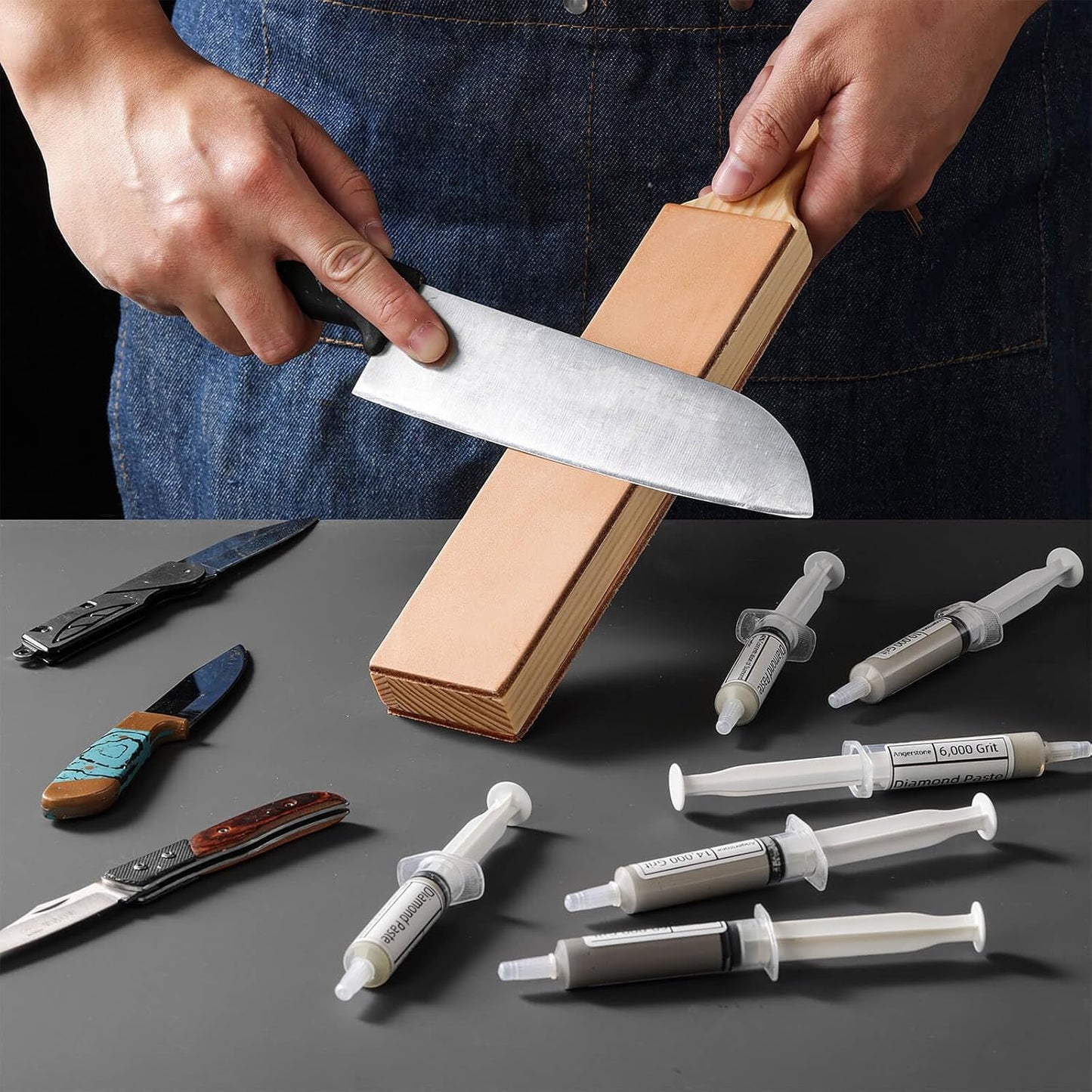 Oversize Double Sided Leather Strop for Knife Sharpening with 6 Diamond Polishing Compounds - Cowhide Stropping Kit with Stropping Compounds, Knife Strop Block Stropping Leather