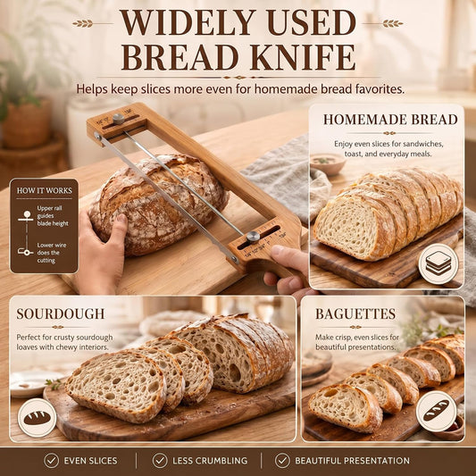 Bread Slicer Adjustable Bread Knife with Lame for Sourdough Homemade Loaf | Adjustable bamboo bread slicer with stainless steel blade and scoring lame for sourdough homemade bread slicing