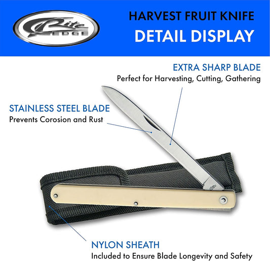 SZCO Harvest Fruit Knife – Pocket Knife with 5.75" Folding Stainless Steel Blade, Alabaster Handle & Nylon Sheath for Gardening, Orchard Harvest, Fruit Picking, Kitchen Prep & Everyday Carry EDC
