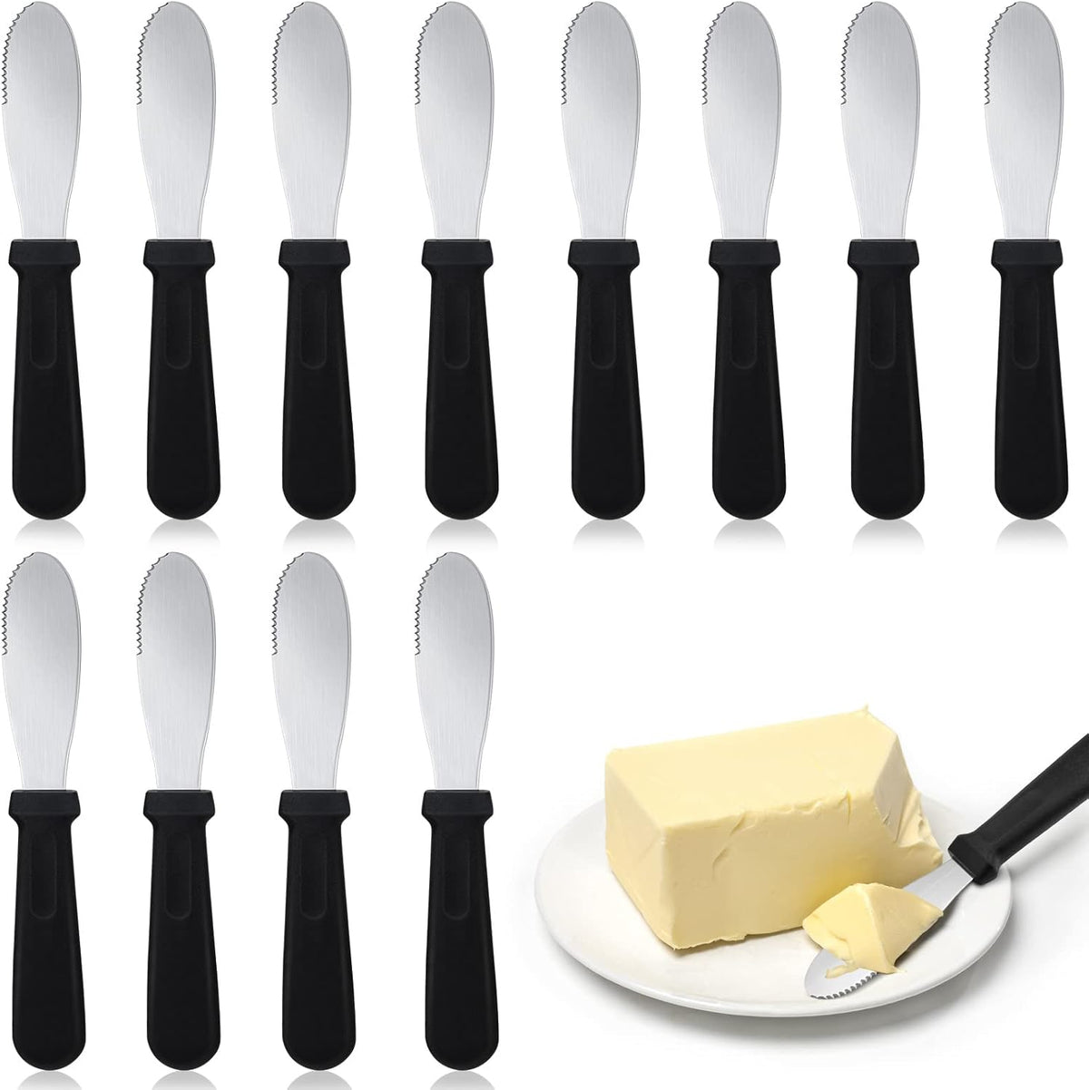 12 Pcs Butter Spreader Knives Wide Blade Stainless Steel Cheese Spreader Knife Black Plastic Handle Slicing or Spreading Knife for Slicing Bread Cream Sandwich Condiment Kitchen 9.1 Inch