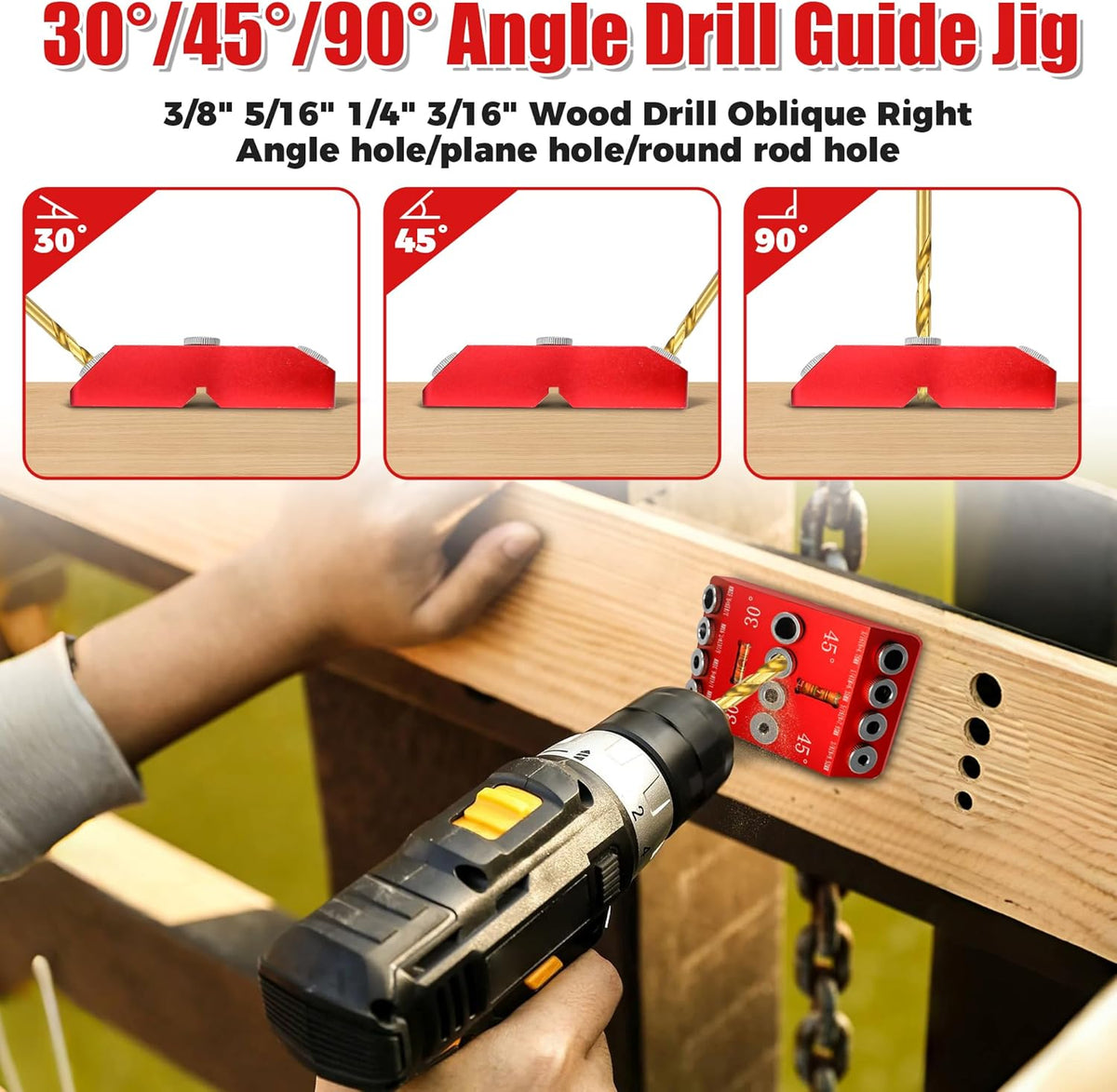 Portable Angle Drill Guide Jig with Level & 4 Drill Bits for Drilling 30°, 45°, 90° Degree Angled Holes, All Metal Jig for Angled or Straight Holes, for Wood Post Railing Stairs Handrail Deck
