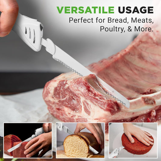NutriChef Electric Carving Turkey Slicer Kitchen Knife | For Thanksgiving | Portable Electrical Food Cutter Knife Set with Carve Blades & Wood Stand | Cuts Meat, Bread, Cheese & Fruit | White