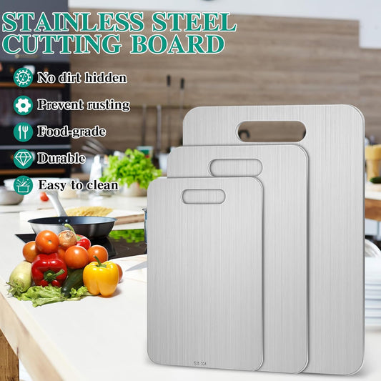 3 Pcs Stainless Steel Cutting Board for Kitchen 304 Steel Chopping Dishwasher Safe Metal Cutting Board Set for Kitchen Meat Fruit Vegetable (13.4"x9",11.8"x7.9",9.5"x6")
